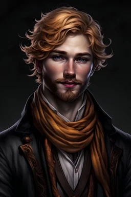 Dnd, rpg, human, male, early 30s, golden hair, short hair, wavy hair, victorian, theif, dark orange scarf, brown vest, black wool blazer, bright blue eyes, facial stubble,