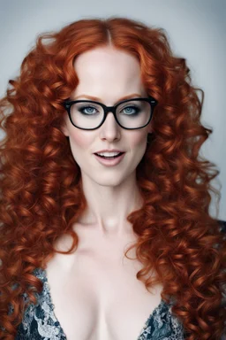 simone simons, curly, redhead, glasses on, beauty dress