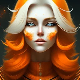 fantasy setting, woman, orange and white hair, wavy hair, freckles, ranger, more orange hair, more white hair