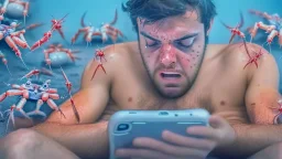 guy looks sweaty while watching censored videos on smartphone surrounded by tiny crabs