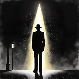 Pointillism loose brush watercolor noir painting, uncentered, Single streetlight casting a triangular cone of light on mysterious figure silhouette, "Sin City" movie aesthetic, dark Noir, reminiscent of Frank Miller comic style, arty composition, opulent shadows, black and white and gray color scheme with hint of muted dim yellow