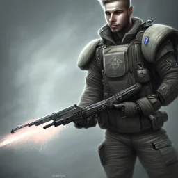 Soldier in a unifrom, DeviantArt style, volumetric lightning, extremely detailed, background lightning