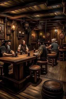 pirate tavern, pirates of the Caribbean style, tables with drunk people sitting