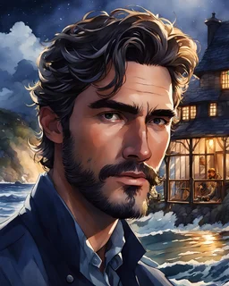 Watercolor, portrait of handsome man, sharp focus, intricate facial features, Greg Rutkowski-inspired comic book aesthetic, trending on ArtStation, dramatic lighting, digital painting of a thatched cottage at night during summer, high waves crashing against adjacent cliffs, nearby lighthouse beacon illuminating the scene, property ensconced in a landscaped garden, wrought iron fence, gazebo in foreground reflecting Nicky Boehme