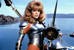Jane Fonda as Barbarella, clad in her iconic outfit, she prepares her sci-fi fishing equipment with practiced ease, her eyes scanning the horizon for any signs of movement beneath the shimmering surface of the water. It is obvious she is a fearless adventurer with a penchant for the unusual, and she is getting ready to fish. She raises her piercing eyes