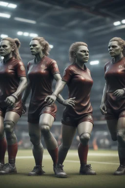 hyper violent ogre women soccer team in the Olympics in the style of Giger and fallout 4 ,,bokeh like f/0.8, tilt-shift lens 8k, high detail, smooth render, down-light, unreal engine