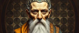 master oil painting by Rembrandt, realistic rendering Portrait of the Apkallu sage who were sent by the god Ea to teach civilization to humanity before the flood. They were depicted as half-human and half-fish or bird, and were associated with wisdom, magic, and culture. blurred tile yin yang pattern background, brightened edges to give a sense of depth