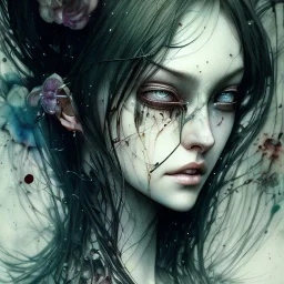 girl crying blood, style watercolor illustration by <agnes cecile> <John Kenn Mortensen> <Yoji Shinkawa>,