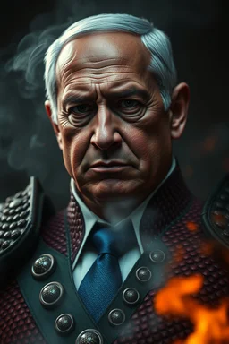 President Netanyahu , red skin, scales, unreal engine 6, high detail, intricate, cinematic. photoshoot style, intricate, studio lighting, masterpiece , highly detailed, 8k, best quality, fire, smoke, dramatic,d,<lora:mshn:0.7>,<lyco:Warrior_Couture:0.5>,