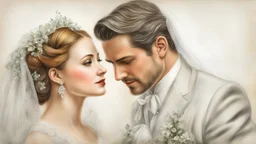 old postcard, white background, bride and groom, colored pencil drawing, 3d, 64k, high resolution, high detail, computer graphics, hyperrealism, f/16, 1/300 sec. digital painting, double exposure,