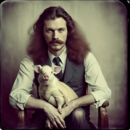 Awkward portrait Photo, 30 years old sitting on chair, serious look, long 1970 hair and mustasch, bland polaroid camera, holding a small pig, parrots