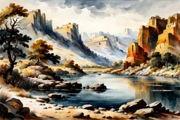 museum quality watercolor painting of the early 19th century, undiscovered American Southwest in the style of Karl Bodmer, and Winslow Homer, rendered as an aquatint, with a fine art aesthetic, highly detailed , 8k UHD cinegraphic realism