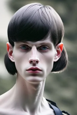 pale skin tone, black hair in a longish bowl cut with whisps in front of his ears, face is thin with high cheekbones and deep blue eyes. lean build that suggests he doesn't engage in a lot of physical activity. He is of average attractiveness with a boyish face.