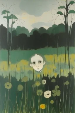 A dark green field with flowers painted by Lyonel Charles Feininger