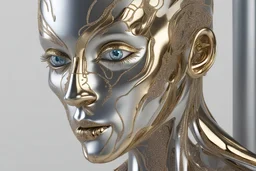 a robotic figure with human-like features, predominantly gold and silver in colo