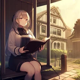 anime girl writing with a pencil in a book sitting on a porch swing of a very old house in the rain