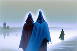 two people in capes and hoods seen from behind walking side by side in an empty foggy plain, above there is blue sky by artist "Leonora Carrington"