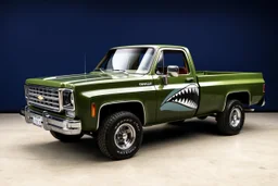 side of 1976 Chevrolet square body truck(military green), with shark nose graphic on sides, navy blue background