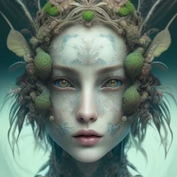 karlan, plant metal, feathers, Dryad, fae, sidhe, butterflies, nature, plants, wildflower background, face tattoo, intricate, oil on canvas, masterpiece, expert, insanely detailed, 4k resolution, cute big circular reflective eyes, cinematic smooth, intricate detail, soft smooth lighting, painted Renaissance style