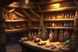 inside of a medieval shop, wooden walls, log pillars, stone bar with shop keeper behind it, magical ingredients on display and weapons on display. people, elves, goblins, orcs, dwarves and lizard folk in room. low lighting and creatures in containers. shelves half empty