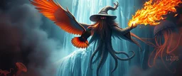 fire smoke and fog and light rays, phoenix jellyfish octopus bird witch in chrome reflective icy waterfall looks beyond really powerful slapping a bird in the face with fire, fantasy illustration, in the style of Rembrandt, planetery saturn background