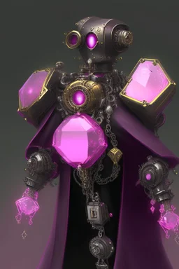 A steampunk robot with a pink gem in its chest wearing a black robe