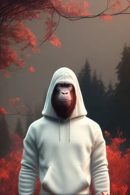 Ape portrait , white jogging suite, at dawn by atey ghailan, golden light , holding leaves and flowers , angels background, volumetric light, high detail, red leaf tree, mountains in background, perfect