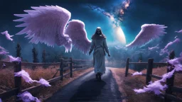 walking straight ahead over a wooden bridge, holding the angel of death with your right hand, entering the fog at the end of the road that leads to the afterlife, and a beautiful sunset and galaxy's behind the fog, realistic