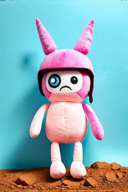 stuffed plush squishmallow(tall and skinny with 1 eye and a frown, small feet at front, wearing helmet with spike on top) blue background, dirt floor