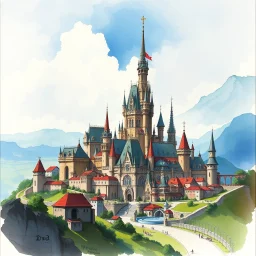 dnd, fantasy, watercolour, large strokes, stylistic, landscape, illustration, capital city, opulent, magnificent, medieval