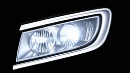 vehicle headlight(with chrome trim) on black background, add details and inner glow