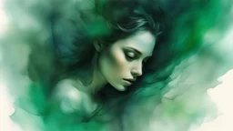 collage, old paper, slightly worn edges, alcohol ink, hyperdetail, portrait of a translucent woman surrounded by a rich dark green background with a slight mist and otherworldly glow, which creates a dreamy and ethereal atmosphere, Anna Razumovskaya, Anna Dittmann, Luis Royo