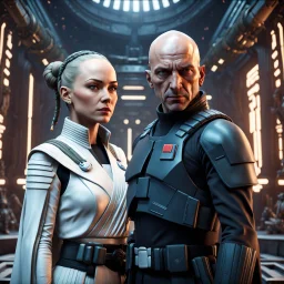 a bold and heroic bald male Corellian pilot in black and metallic grey First Order special forces gear meets a female Jedi Master in ancient, mystical temple, hyperdetailed, dynamic lighting, hyperdetailed background, 8k resolution, volumetric lighting, light skin, fully symmetric details