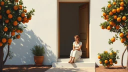 Pintura figurativa. Estilo: precisionismo americano. Una mujer adulta sentada en el escalón de una puerta, en un huerto de naranjos, con luz suave reflejada en paredes blancas. Pintura al óleo de museo, figura femenina solitaria, tratamiento artístico no explícito.