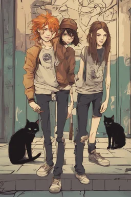 Act like a book cover designer. Use graffiti style. Grimmy black cat and a group of three teenagers (13-15 years old) - two brothers with ginger hair and frickles with a brown-haired girl. Environment: old town.