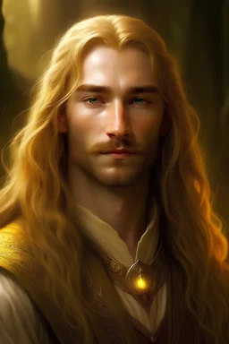 A young serene Lord Of The Rings like man with long golden hair that cascades gracefully. A short beard. His open eyes, with blind pupils, reflect a depth of wisdom and inner peace. A gentle smile graces his face, adding warmth to his tranquil demeanor.
