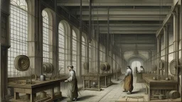 A gray factory with magnet machines painted by Leonardo da Vinci