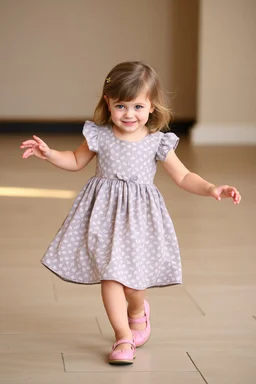 a pretty 5 years old girl with blue eyes and nice dress and shoes dancing and playing joyfully