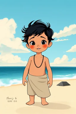 an illustration of a child in the style of light sky-blue and dark black, bold colorism, dark cyan and beige, beach portraits, exotic, disney animation, princesscore --ar 8:11 --style raw --stylize 250 --niji 6