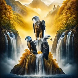 autumn portrait of psychedelic eagle couple on surfboard in waterfall, in the style of dali, 8k, down-light, soft light, depth of field, photo realism, trending on art station, high detail, smoke and fog