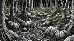 A gray toxic swamp with pumpkins designed in Javanese shadow puppets painted by MC Escher