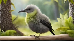 Children book style, a kiwi bird with grey fur, long beak, living in a zoo among trees