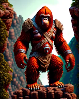 Orangutan Assassin Gothic symmetrical design standing on the edge of a cliff frontal view full body full arms full legs full head full pixel art hyper-detailed hyper-realistic full legs 8k