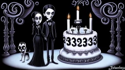 draw a birthday cake with logo number 23 or one candle 23 .Insanely detailed Addams Family movie still with Barbie dolls, art by tim burton