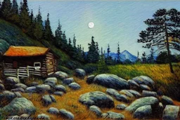 Night, moon, cabin, trees, rocks, pathway, grass, distant mountains, distant trees, impressionism painting