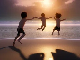 children jumping in water on a beach capture them against the sun and make an art silhouette, hyper details, real sharp, 8k, well detailed, cinematic 8k