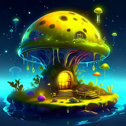 A floating island mushroom house in space. Yellow green blue, deep space nebulas. Detailed gloss Painting, bright color, fantastical, intricate detail, splash screen, hyperdetailed, insane depth, concept art, 8k resolution, trending on Artstation, Unreal Engine 5, color depth, dynamic lighting, splash art, dramatic, High Quality wonderful beautiful Fun Imaginative, good composition