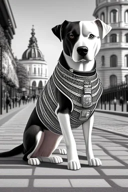 One single mature dog, friendly, playing button accordeon, vienna, sunny day, perfect iris, model style, hyper realistic, extremely accurate, delicate, extremely detailed, Graphic novel style, colours, wide-angle, open aperture, superfine pencil