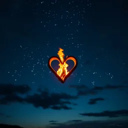 fire in a heart, against a beautiful night sky, romantic setting