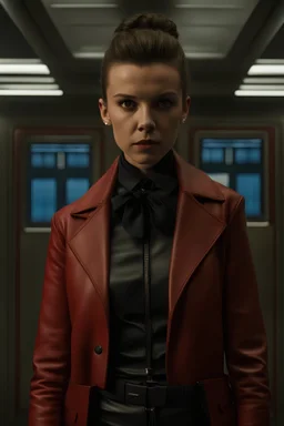 Millie Bobby Brown as Doctor Who, red leather coat and skin-tight leather trousers, tied up.